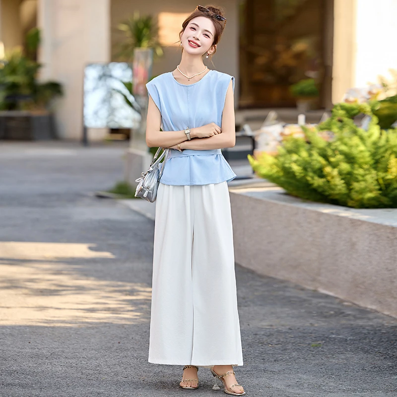 2025夏季新款时尚气质套装女显瘦百搭无袖衬衫女白色阔服裤两件套