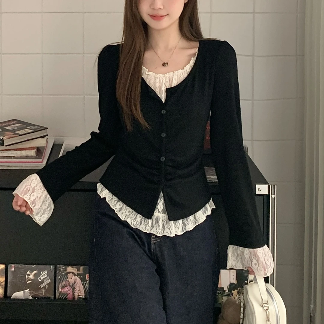 2025春秋季新款大码胖mm宽松显瘦蕾丝拼接假两件长袖T恤上衣女