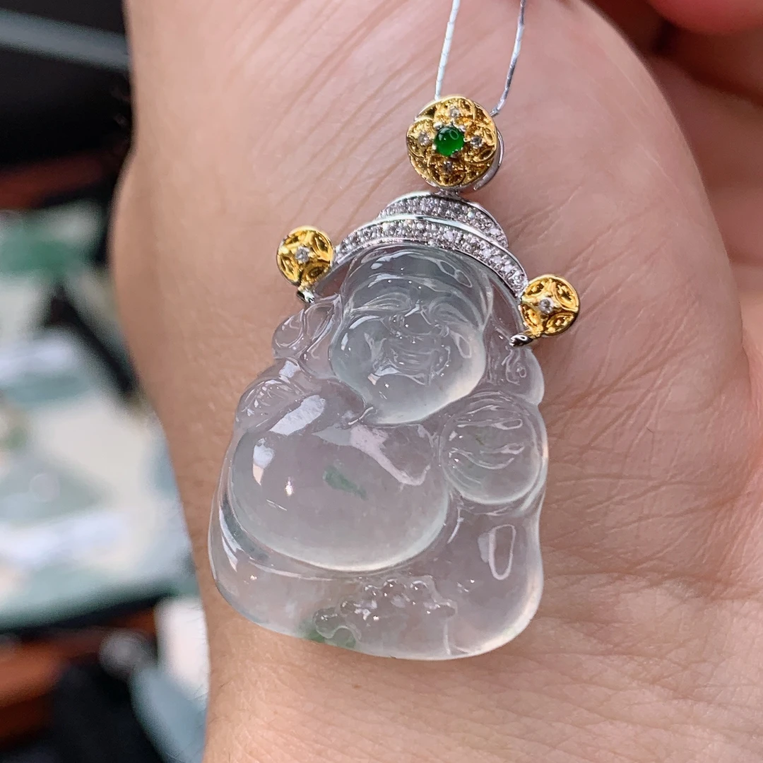 缅甸天然A货翡翠18K金镶嵌冰种财神爷吊坠33.9×20.6×5.5mm