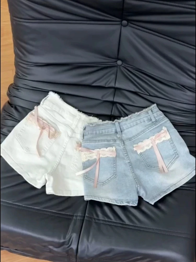 【蕾丝蝴蝶结丰胯显瘦牛仔短裤】