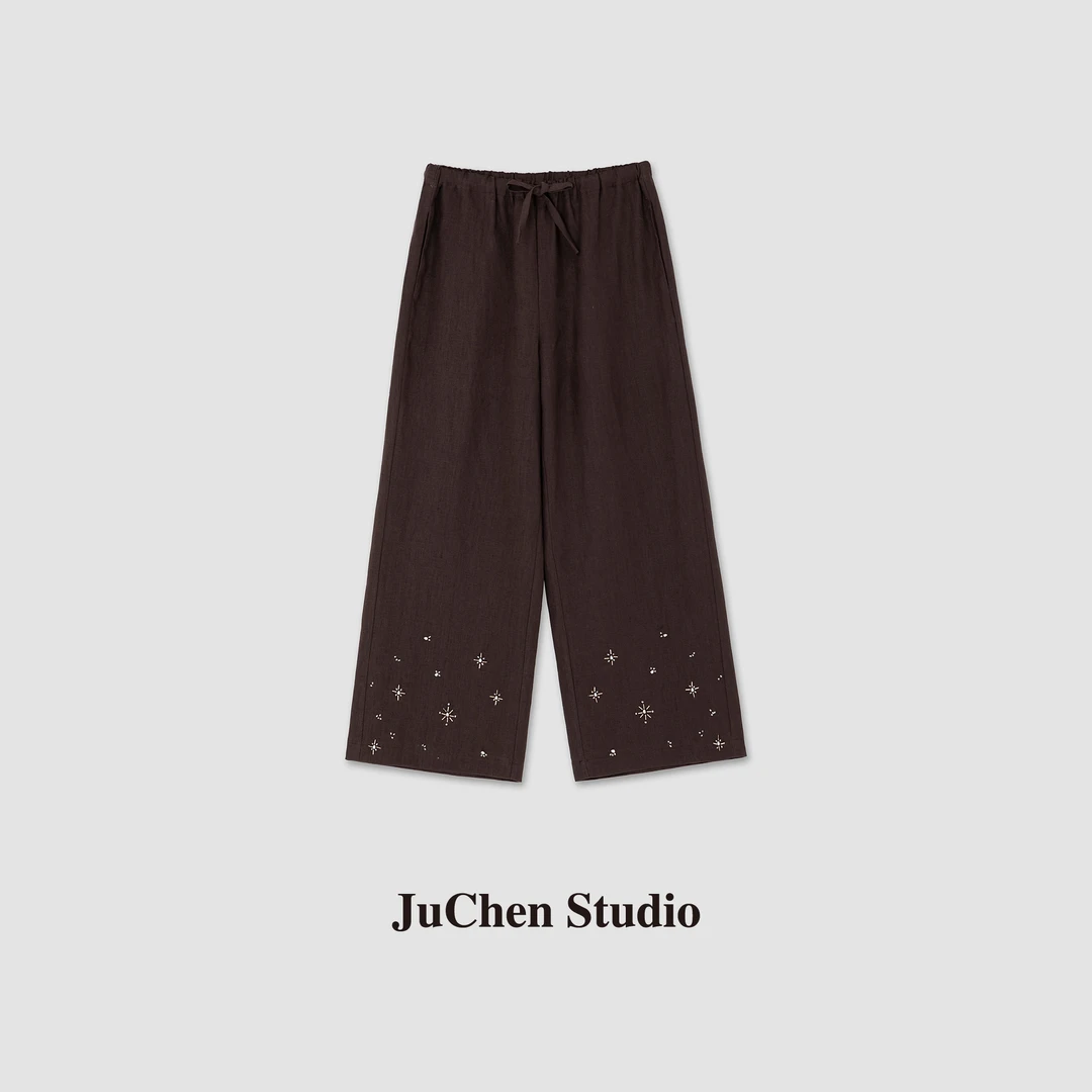 全手工裤脚钉珠夏季舒适麻松紧腰九分裤SS093080“奈良钉珠苎麻裤”