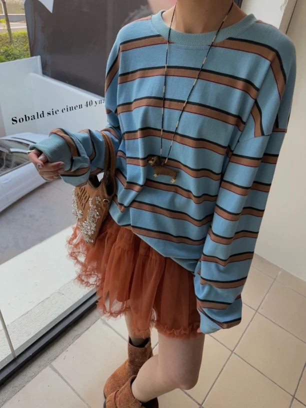 HELLOTANGO《海盐奶咖》韩版小众设计休闲条纹长袖T恤55101#