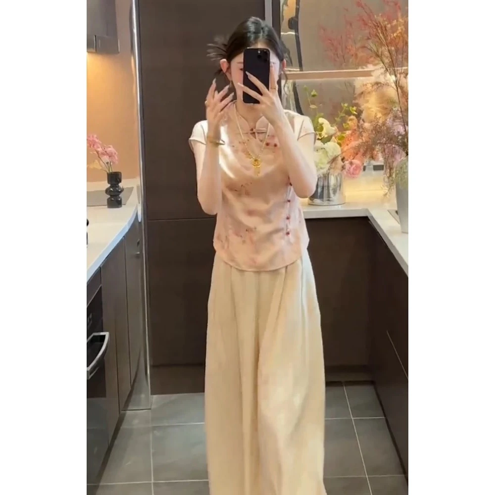 周粥好彩头新中式缎面提花斜门襟上衣高腰阔腿慵懒风休闲裤1696石