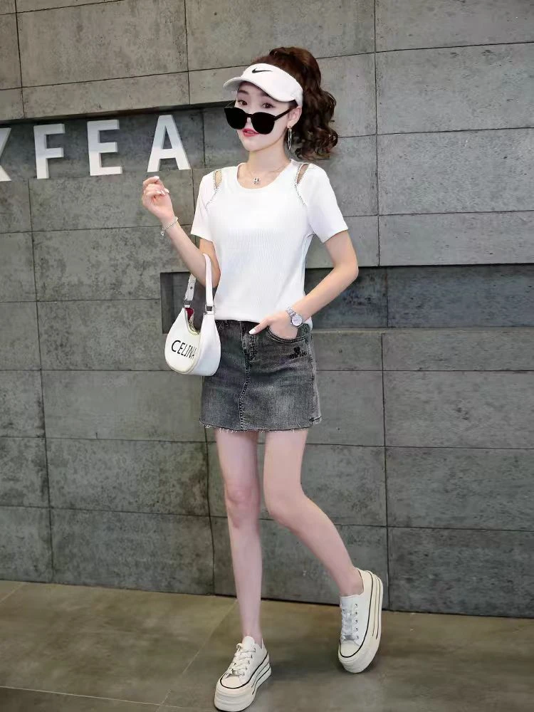 邻家集品/休闲T桖/82423105/显瘦/牛仔/白色/高腰/百搭/夏季/修身