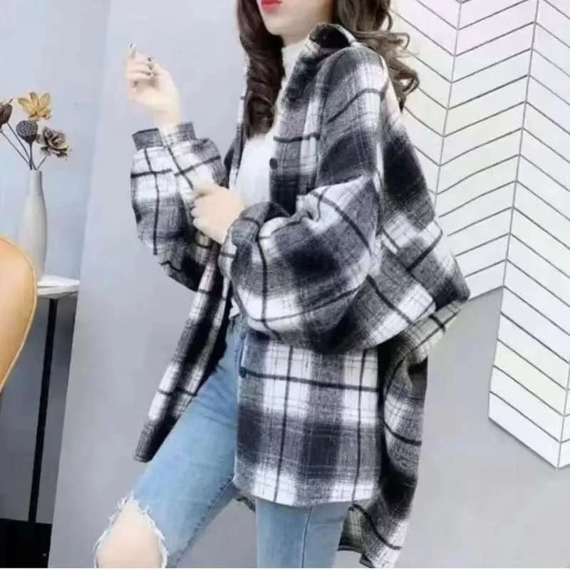 2144秋季女长袖格子短外套春季时尚港味宽松复古韩版休闲显瘦女装