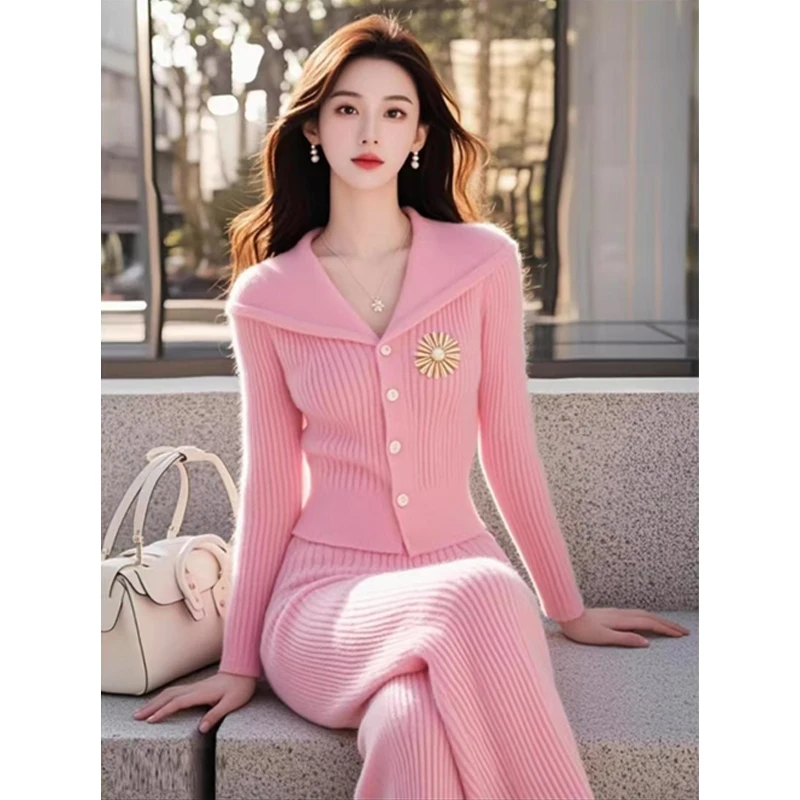 今年流行穿搭一整套富家千金韩系小香风粉色针织衫裤子套装女秋季