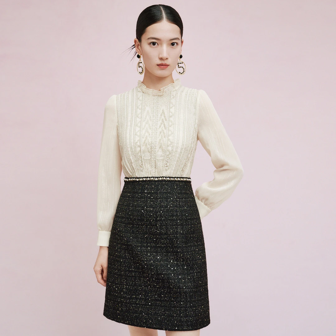 拉珂蒂【C】高级感荷叶领通勤简约百搭长袖连衣裙RF05212F1