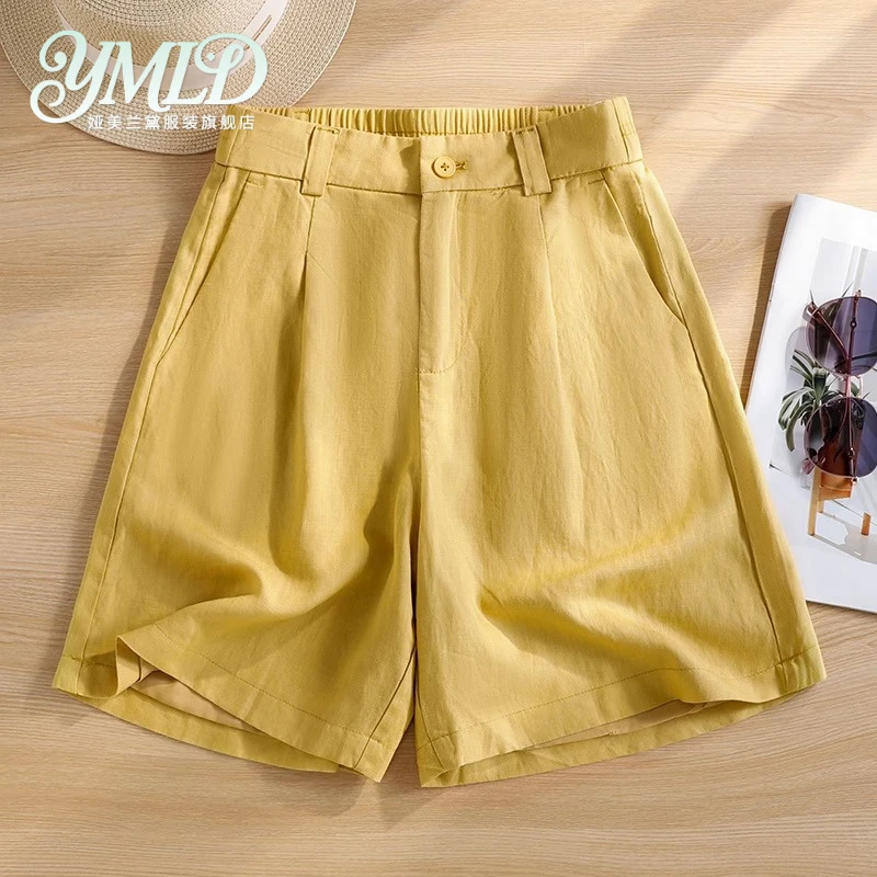 高端黄色亚麻五分短裤女夏薄款2025新款超好看中裤宽松阔腿裤热裤