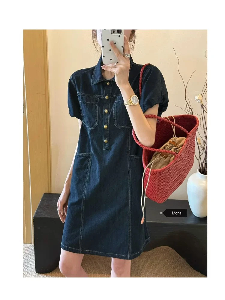 夏季牛仔A字裙纯色斜肩连衣裙拼接裙子背带裙减龄小个子休闲时尚