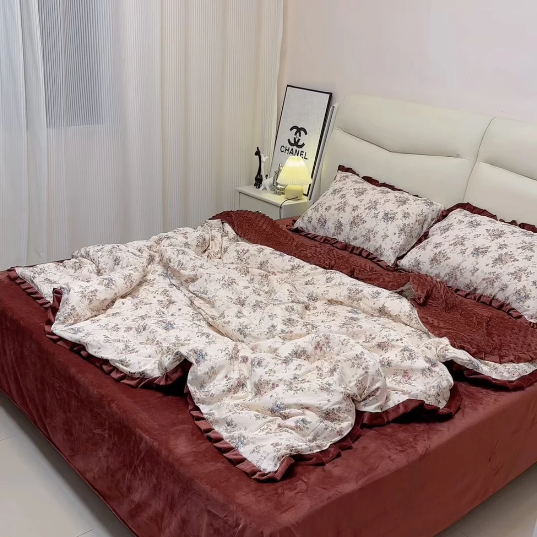 秋冬花边款棉加绒四件套A面双层纱.B版宝宝绒 保暖防静电