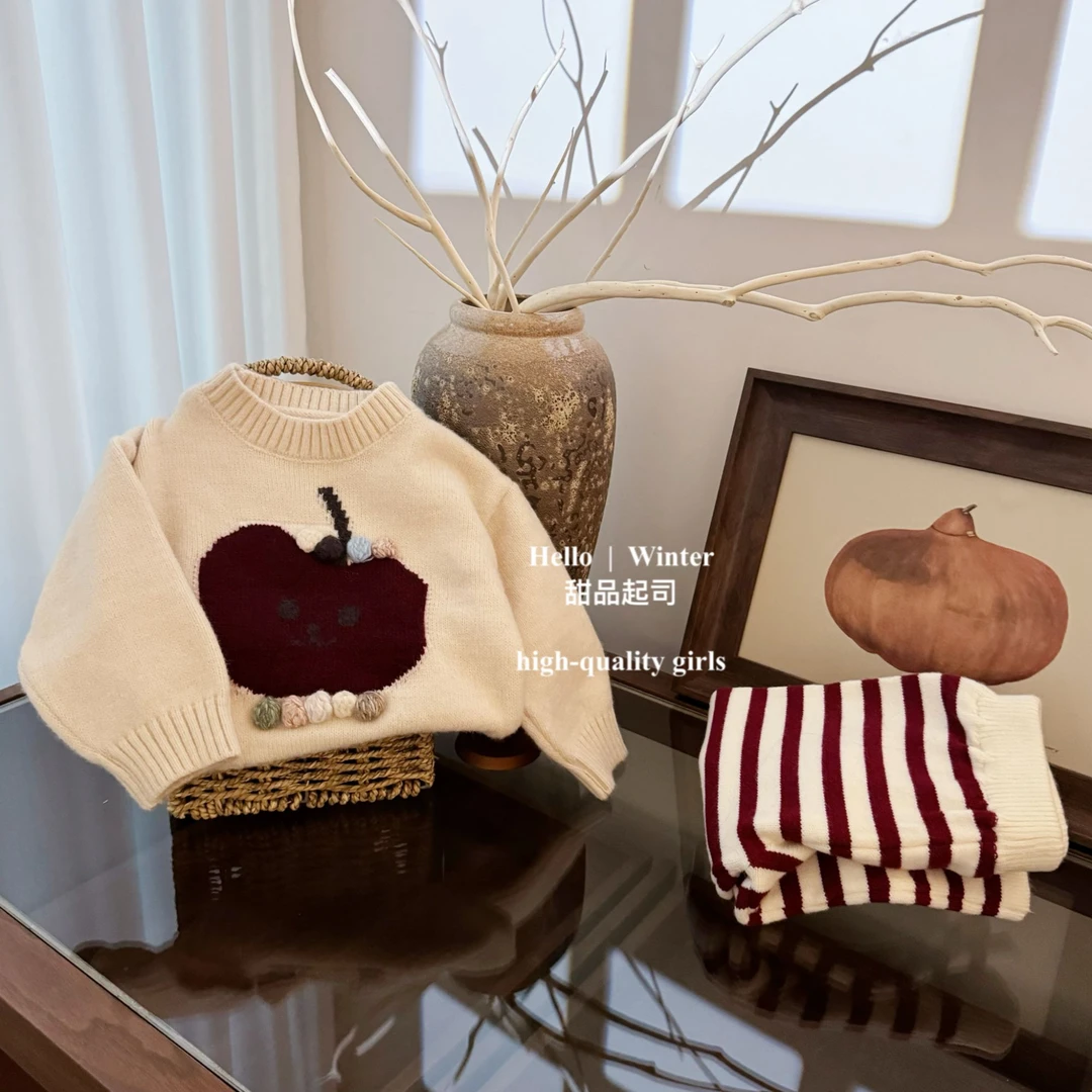 【甜品起司】平安喜乐！女宝宝立体苹果毛衣套头红色条纹针织裤套装