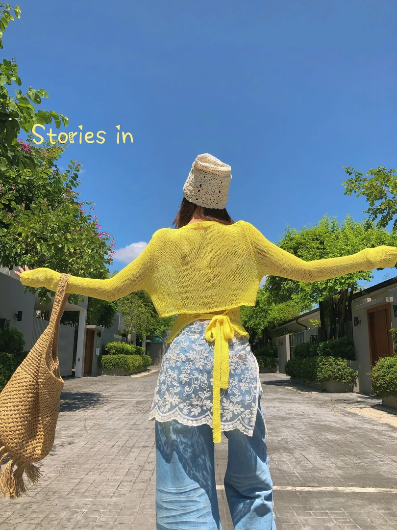 婉君【黄色小露背】春夏款百搭网格显瘦长袖T恤上衣LWJ24A1T732