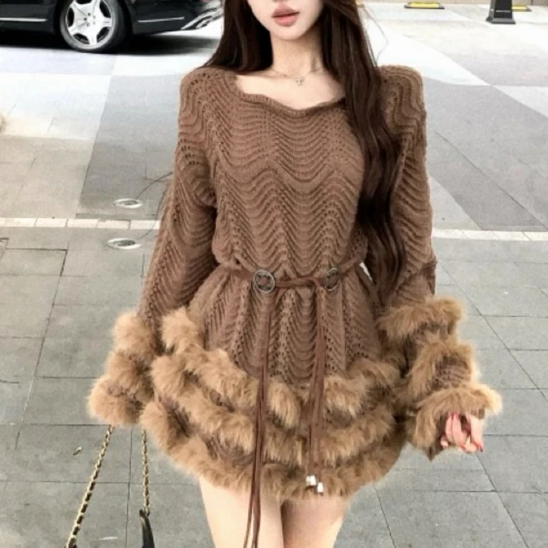 法式气质毛绒绒针织连衣裙女装打底秋冬新款辣妹休闲百搭毛衣上衣