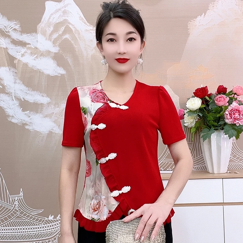 25016款国风荷叶边拼接短袖气质小衫民族风