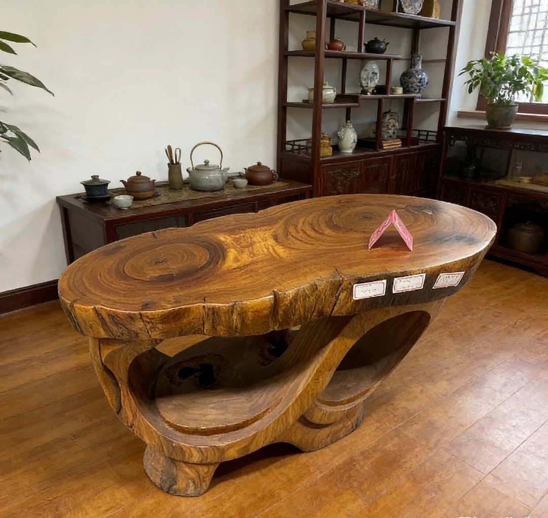 香樟木平面茶几S型收纳茶几