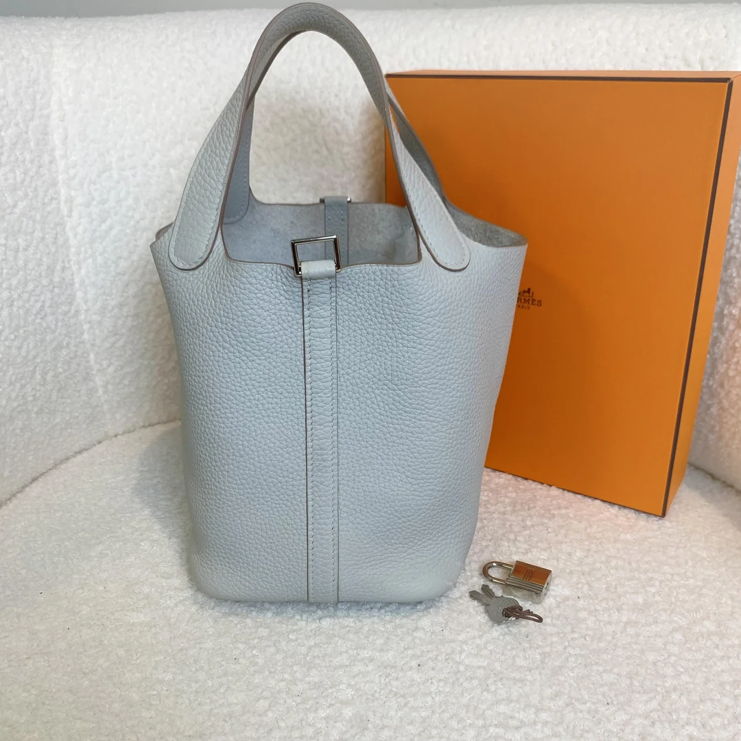 99新 Hermes/爱马仕 壹臻/珍珠灰银扣菜篮子18 y刻 TC皮/18441976