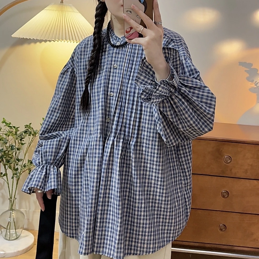 see Y自制2025年春法式格子立领衬衫宽松复古减年百搭荷叶袖上衣