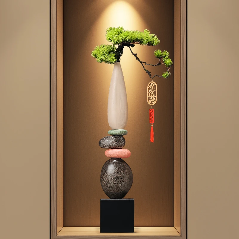 新中式入户玄关造景迎客松石来运转花瓶大摆件客厅竖高细长装饰品