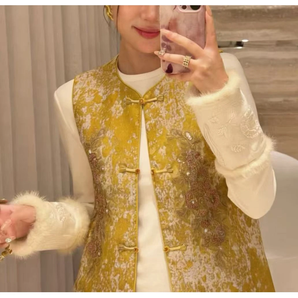 【晨浠定制】新款时尚国风夹棉亮片盘扣提花马甲201