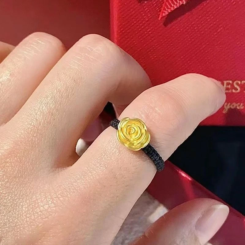 玫瑰黄金戒指女 999足金转运珠指环红绳尾戒编织送女友情人节礼物