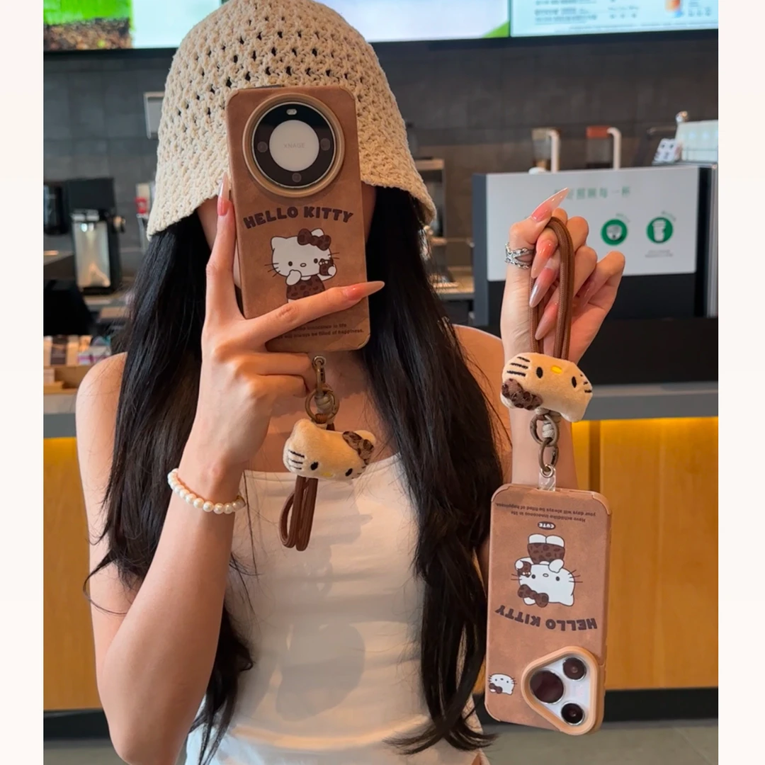 BANCA秋冬凯蒂猫挂绳适用苹果16/17皮纹手机壳小米15vivoppo华为