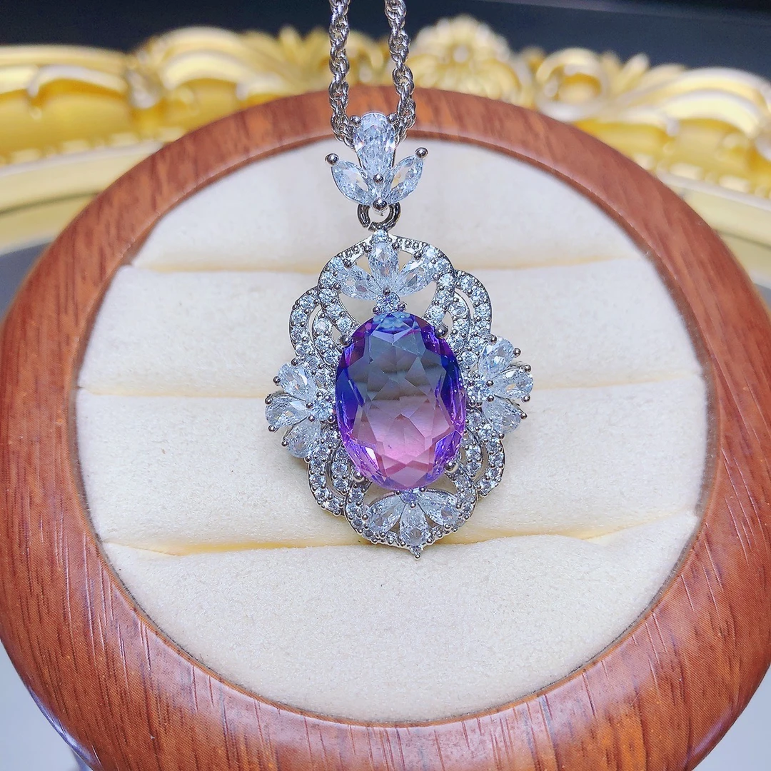 合金吊坠 女款宝石饰品双色吊坠颈饰彩色镶嵌紫色轻奢链子项链089