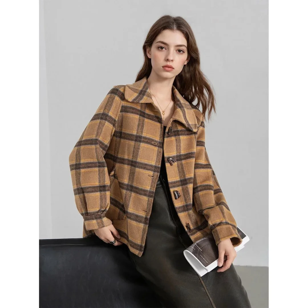 卡寇岚韩版秋冬新短款毛呢外套大衣双面外套洋气夹克时尚格子休闲