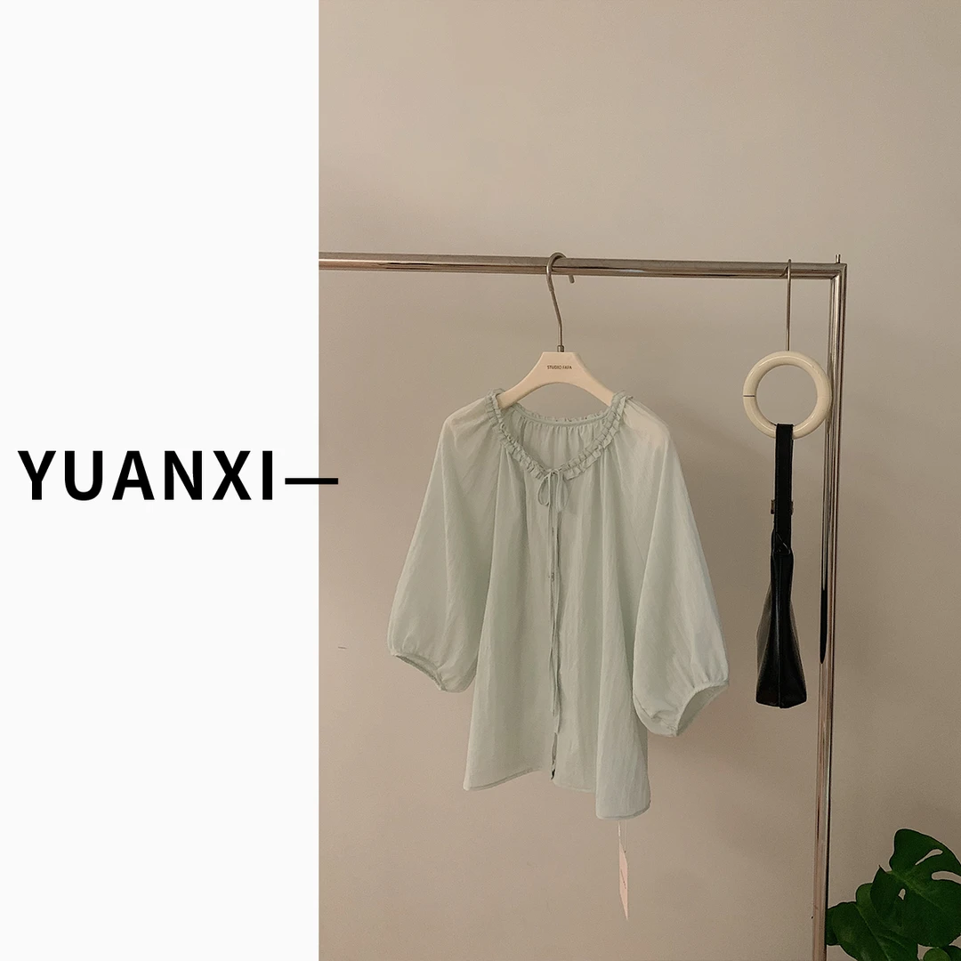 【FAFAJIA】F730 韩版小清新浅绿色圆领系带衬衫女夏季