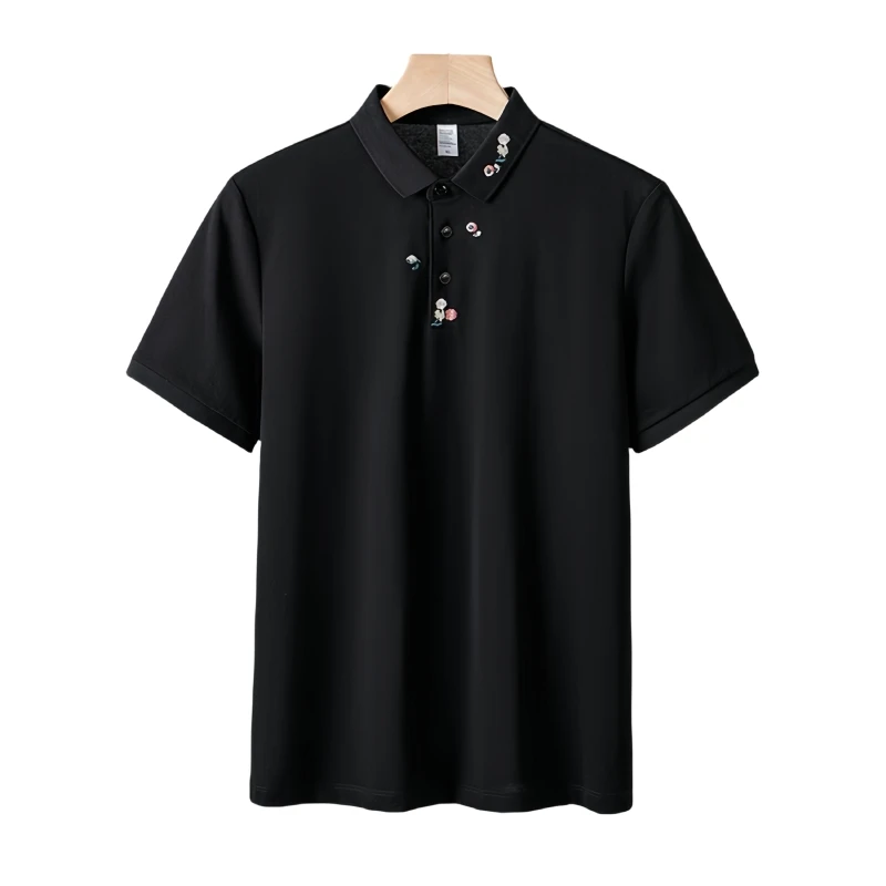 Romon/罗蒙夏季新款领口花卉刺绣POLO衫休闲透气翻领短袖男款上衣