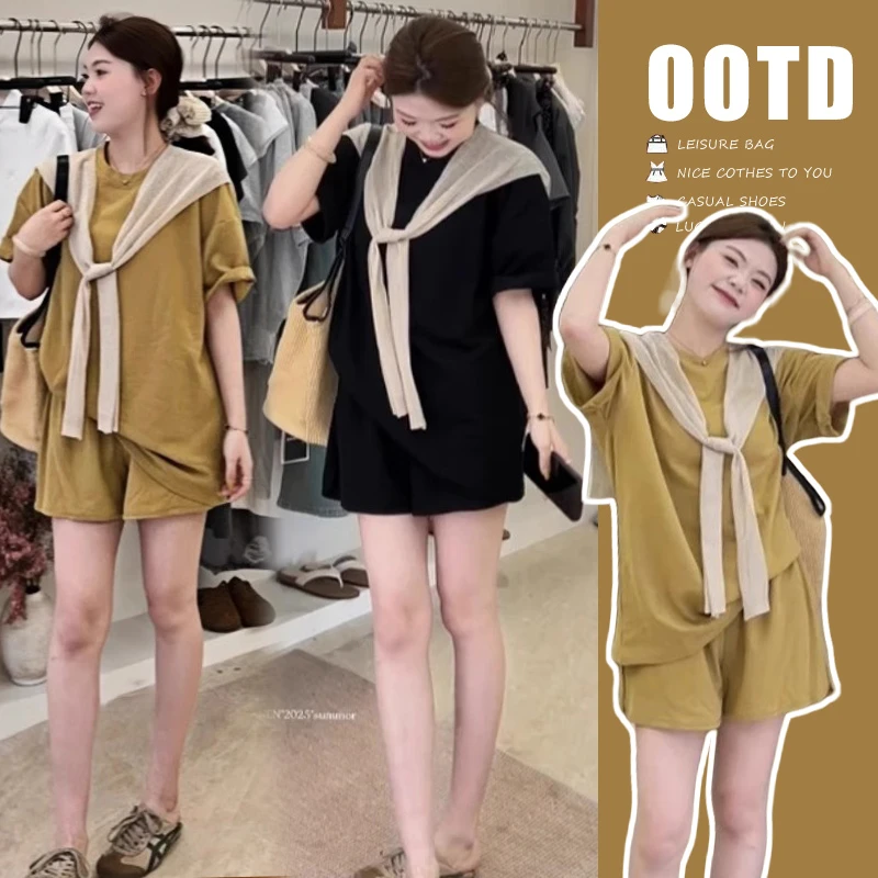 孕妇装套装2025新款夏季韩系宽松显瘦短袖上衣两件套