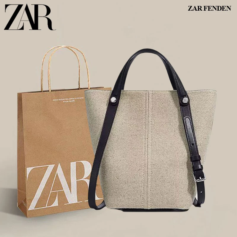 ZAR FENDEN亚麻菜篮子包包女2025新款上班大容量单肩水桶包托特包
