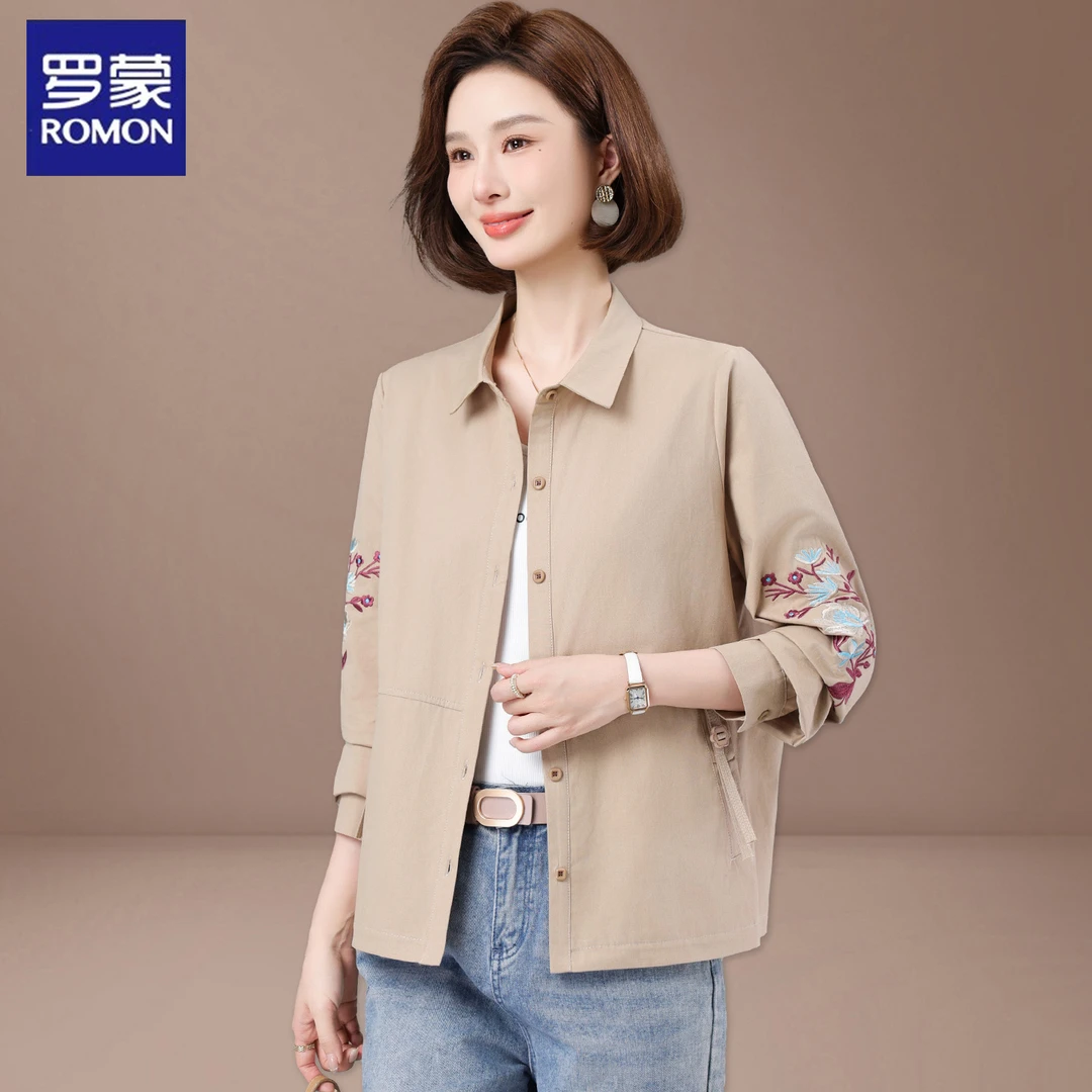 罗蒙中年妈妈夏装纯棉衬衫薄款中老年女春秋外套刺绣上衣气质休闲