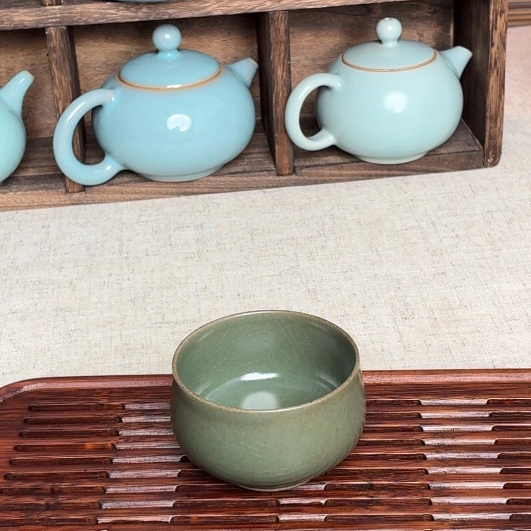 陶摆件柴烧墨绿罗汉杯微瑕