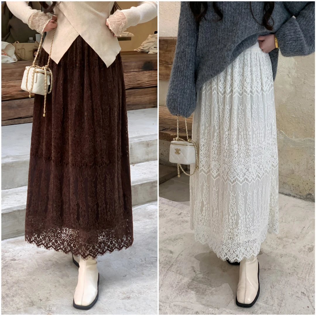李潇洒【仙杜瑞拉】微胖大码秋冬法式复古镂空蕾丝甜美丝绒直筒半裙