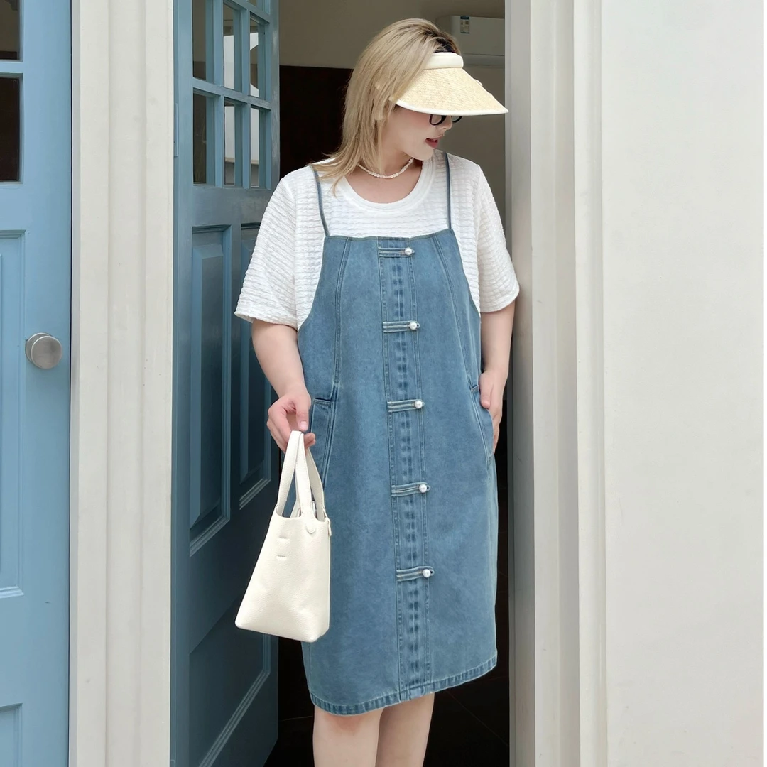 媛子大码假两件牛仔裙洋气新款小众法式通勤胖mm宽松显瘦长短款