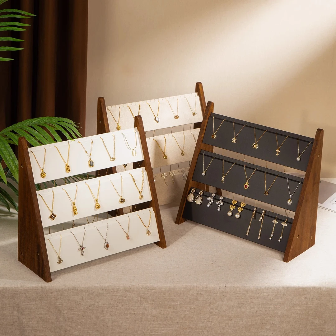 轻奢项链戒指耳环收纳架大容量摆摊陈列饰品展示架胡桃木色首饰架