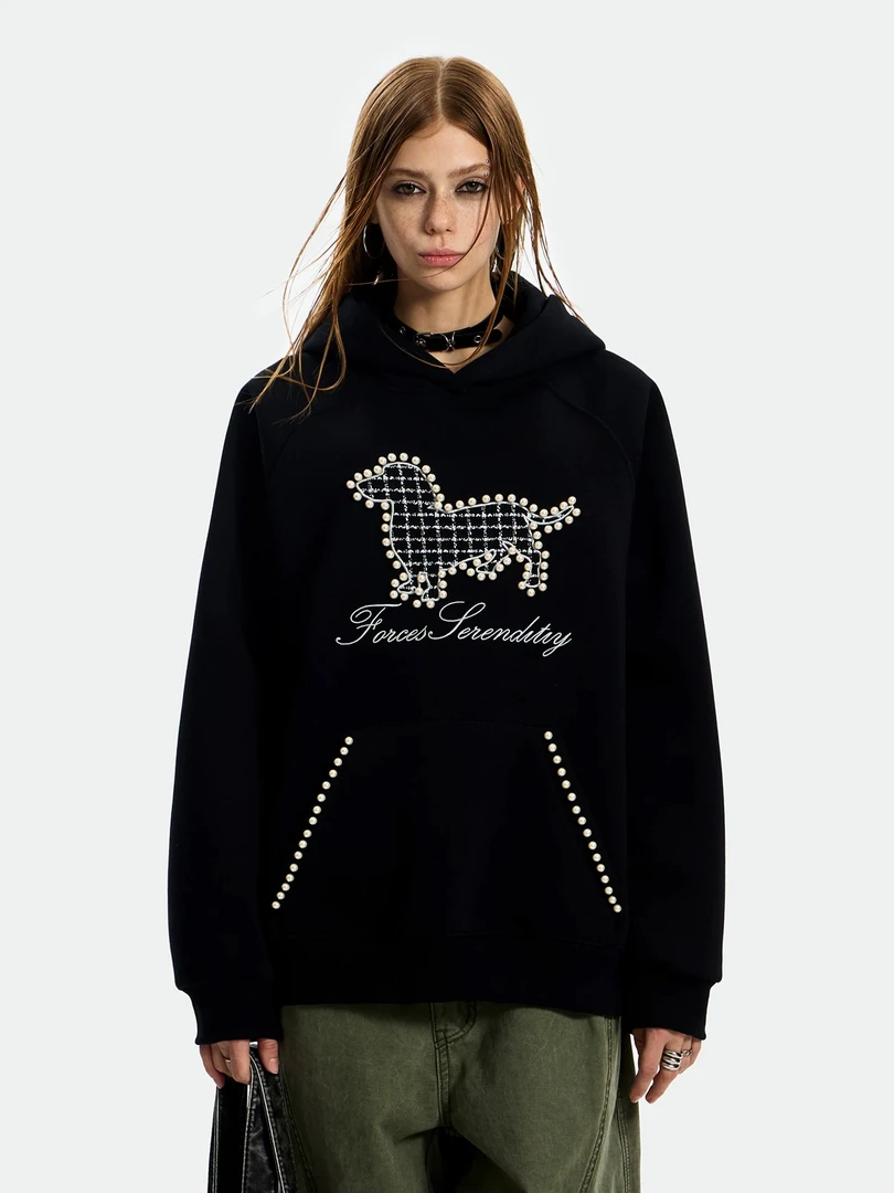 番茄酱酱tomorrow珍珠绣小狗连帽卫衣男女小众设计运动休闲上衣