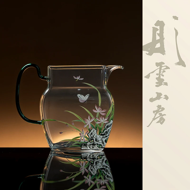 彤云山房玻璃手绘分茶公杯寿石锤纹高颜值异形公道杯高档手绘茶具