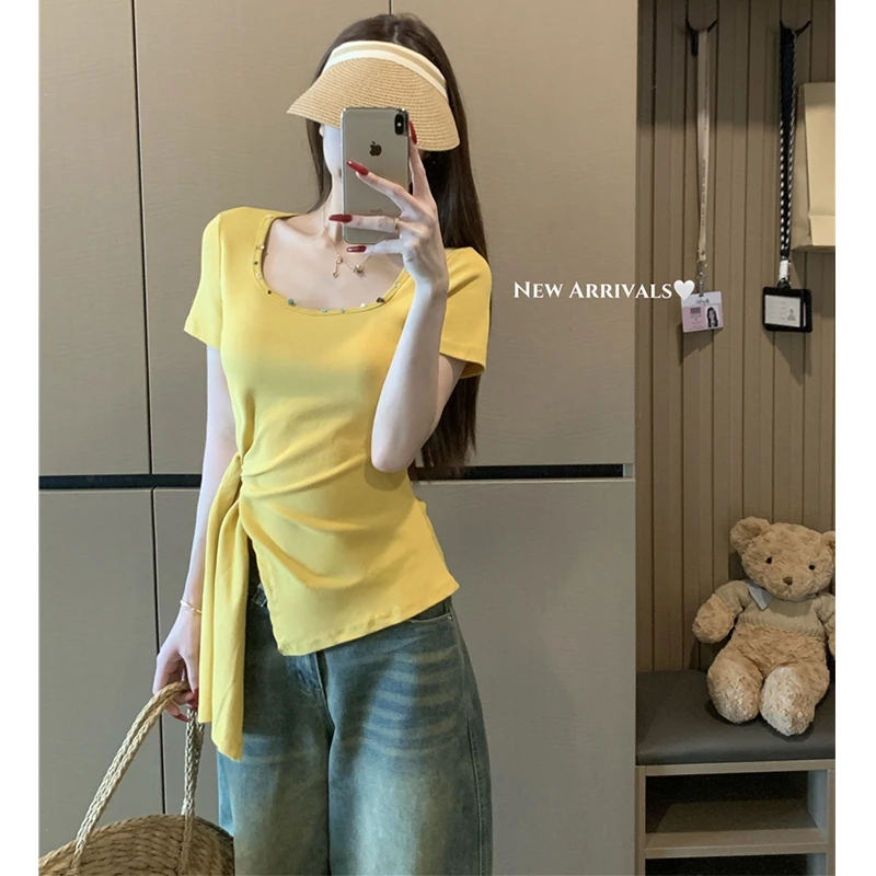 夏日别致设计感绑带显瘦短袖T恤女新款正肩方领减龄绝美洋气上衣