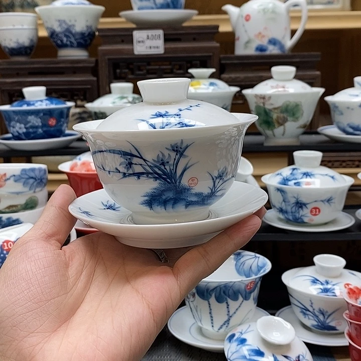 手绘兰花盖碗180cc釉下彩微瑕福利款