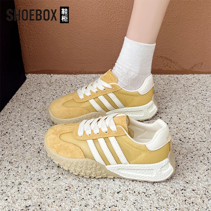 达芙妮集团旗下复古黄色网面德训鞋女2025夏季新款百搭厚底阿甘鞋