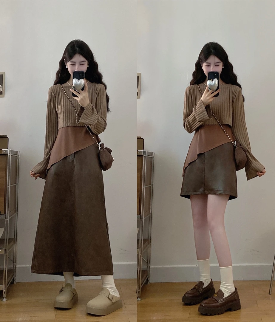 大码女装美拉德套装针织衫+背心+半身皮裙三件套胖mm秋季显瘦套装