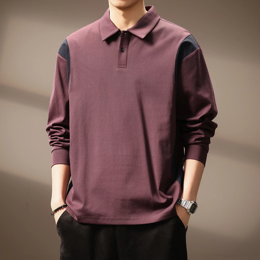 高端日系潮流拼接Polo领长袖T恤男秋季新款撞色舒适宽松百搭上衣