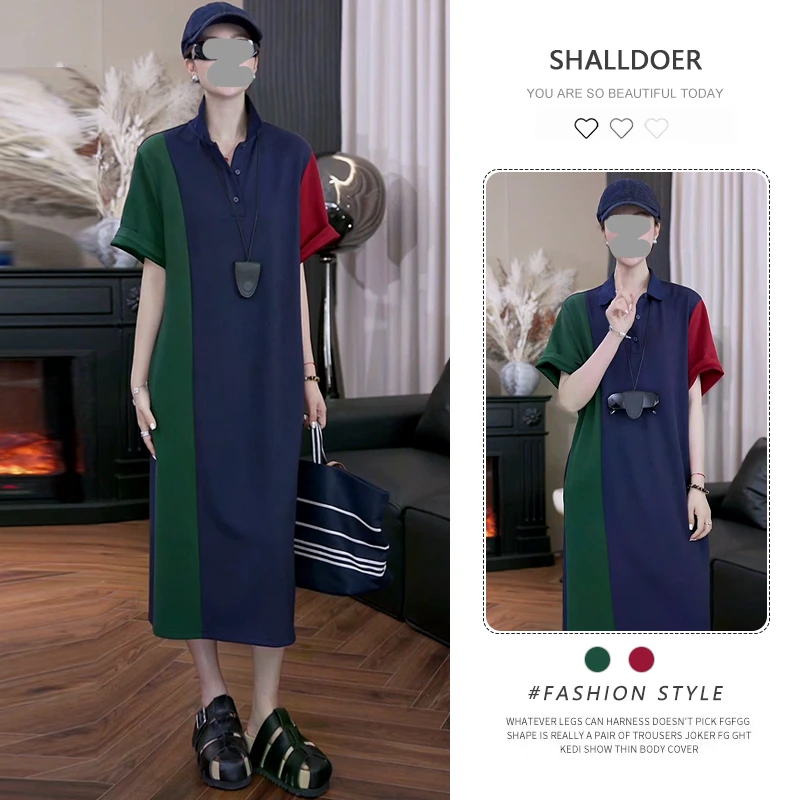 2025夏季时尚简约休闲宽松舒适优雅显瘦直筒翻领拼色连衣裙潮