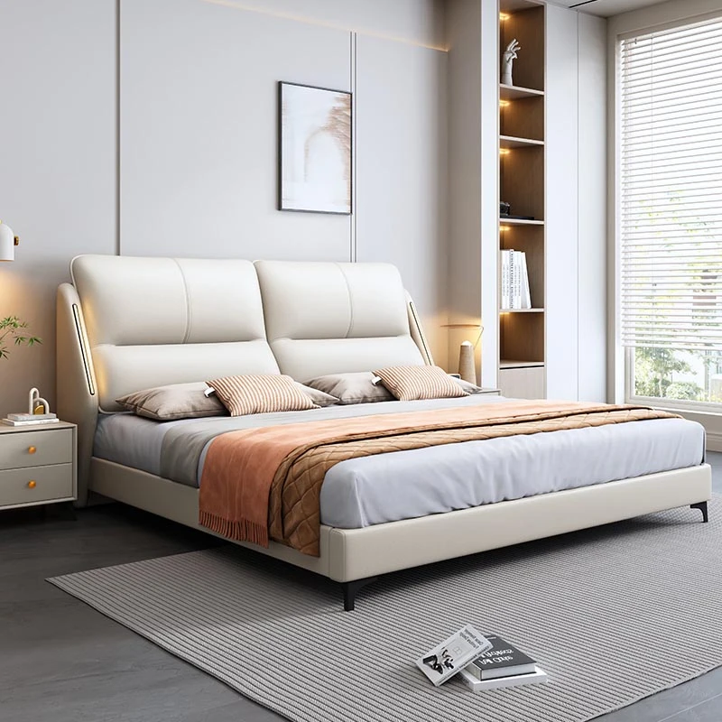 G1#简约轻奢感应灯双人床1.8米皮床主卧大床1.5米储物