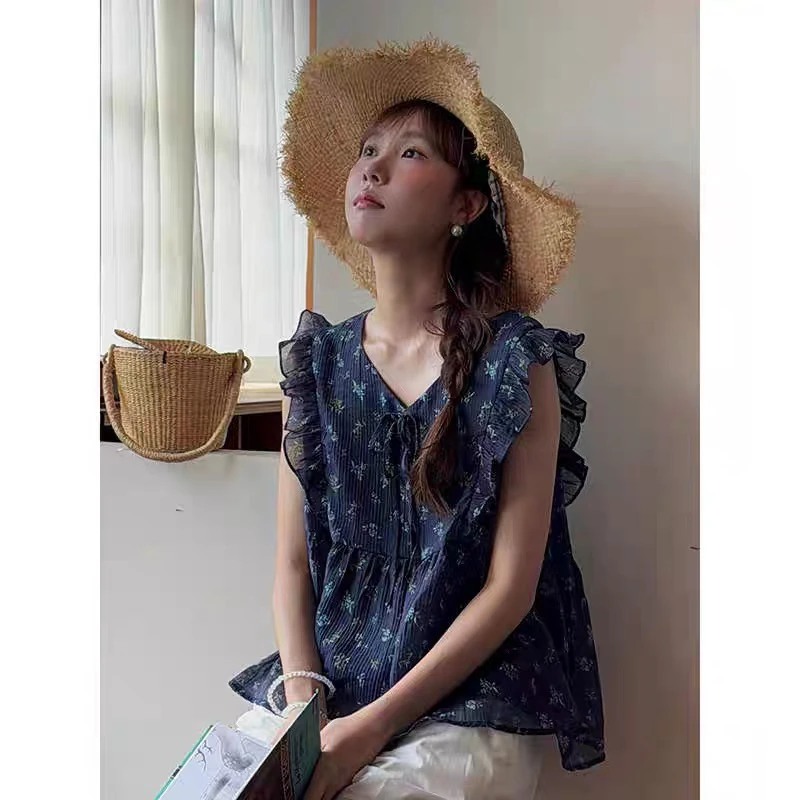 灰灰呀！5156 【茉莉浮岛】法式复古木耳边碎花衬衫