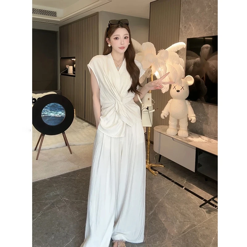 【王二小】【两件套】【有里布】不对称扭结上衣+高腰阔腿裤套装D1689