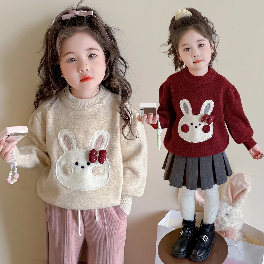 女宝宝冬装洋气毛线衣2025新款儿童时尚百搭小兔子加绒圆领毛衣潮