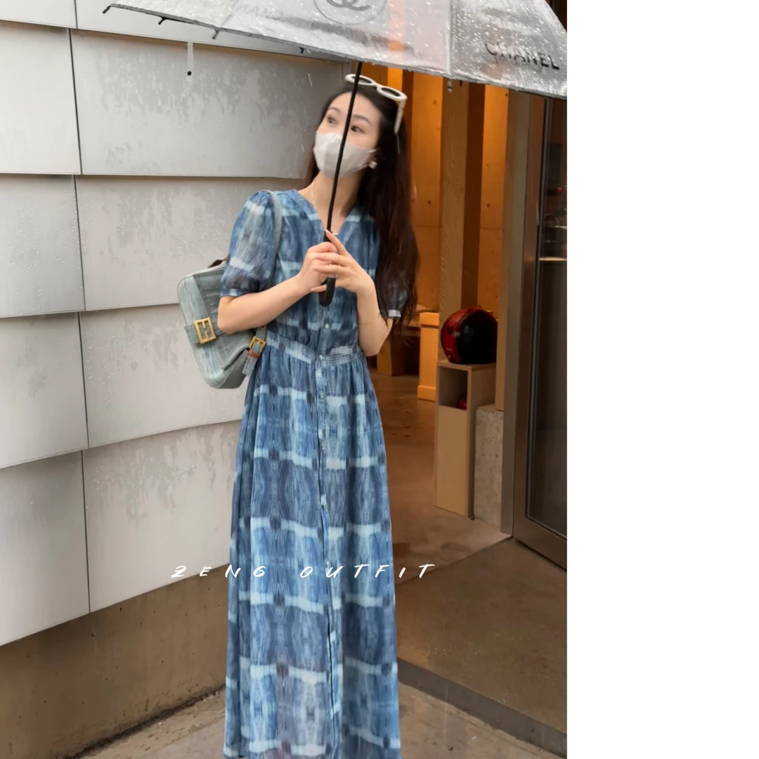 Georgette乔其纱印花裙系列2025女士扎染开门襟几何对格连衣裙88