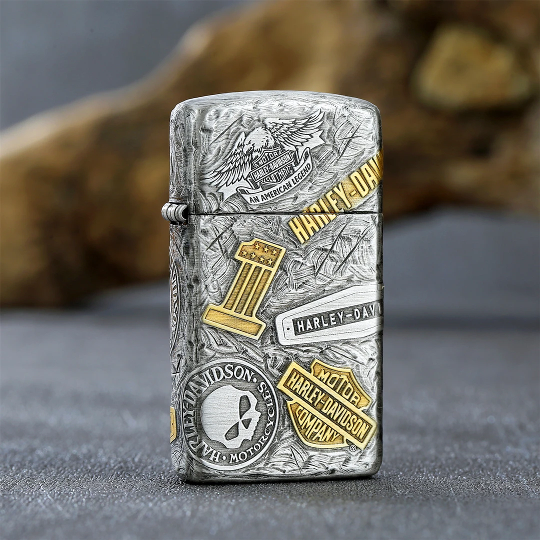 ZIPPO打火机  1606熏银鎏金手工哈雷11章 煤油打火机 DYJ1